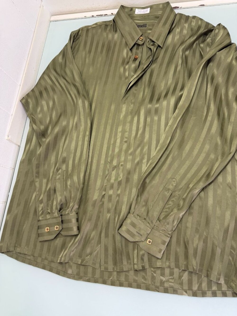 Vintage Genelli Shirt Mens XL 100% Silk Long Sleeve Button Up Green Miami Disco